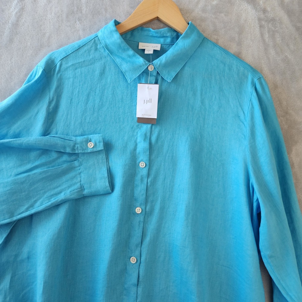 J. Jill Love Linen Shirt Womens Size Large Blue Turquoise Button Up 100% NWT